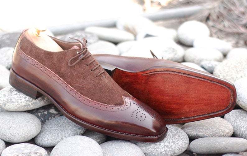 Handmade Men Brown Leather Suede Wing Tip Brogue Shoes, Men Dress Lace Up Shoes