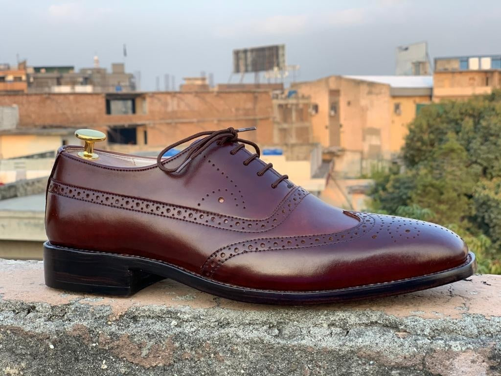 Handmade Men brown Leather Wing Tip Brogue Lace Up Shoes