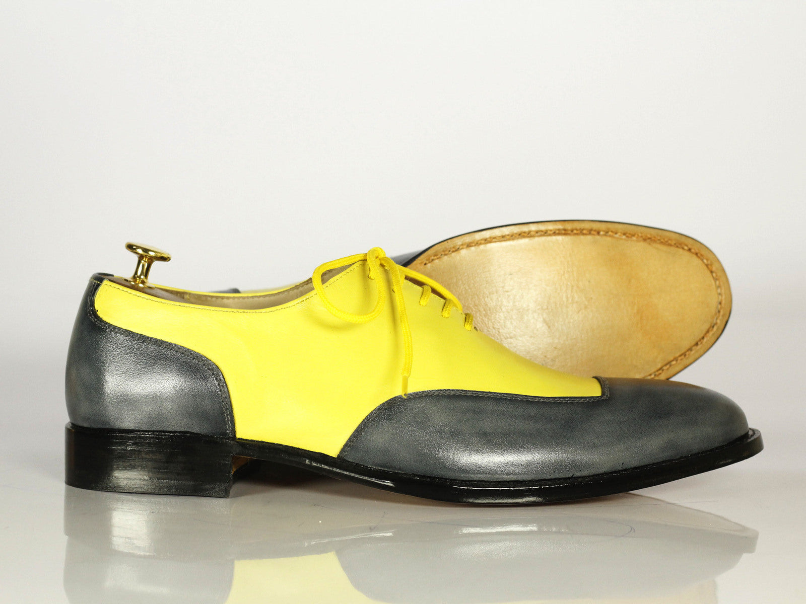 Handmade Men Gray Yellow Wing Tip Leather Formal Shoes, Men Designer Dress Shoes