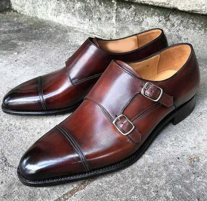 Handmade Men's Brown Cowhide Leather Cap Toe Double Monk Dress Formal Shoes