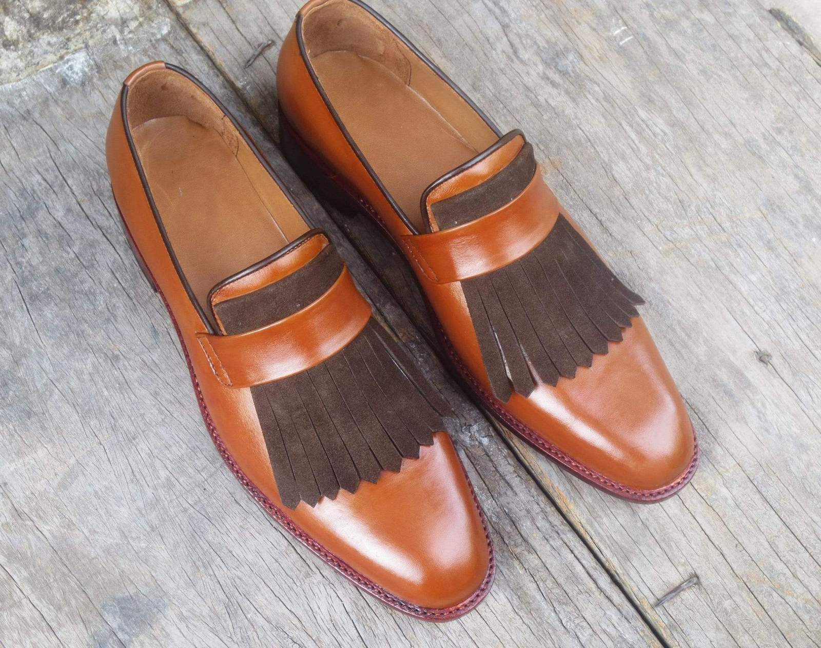 Handmade Men's Brown Leather Suede Fringes Loafer Shoes, Men Dress Formal Shoes