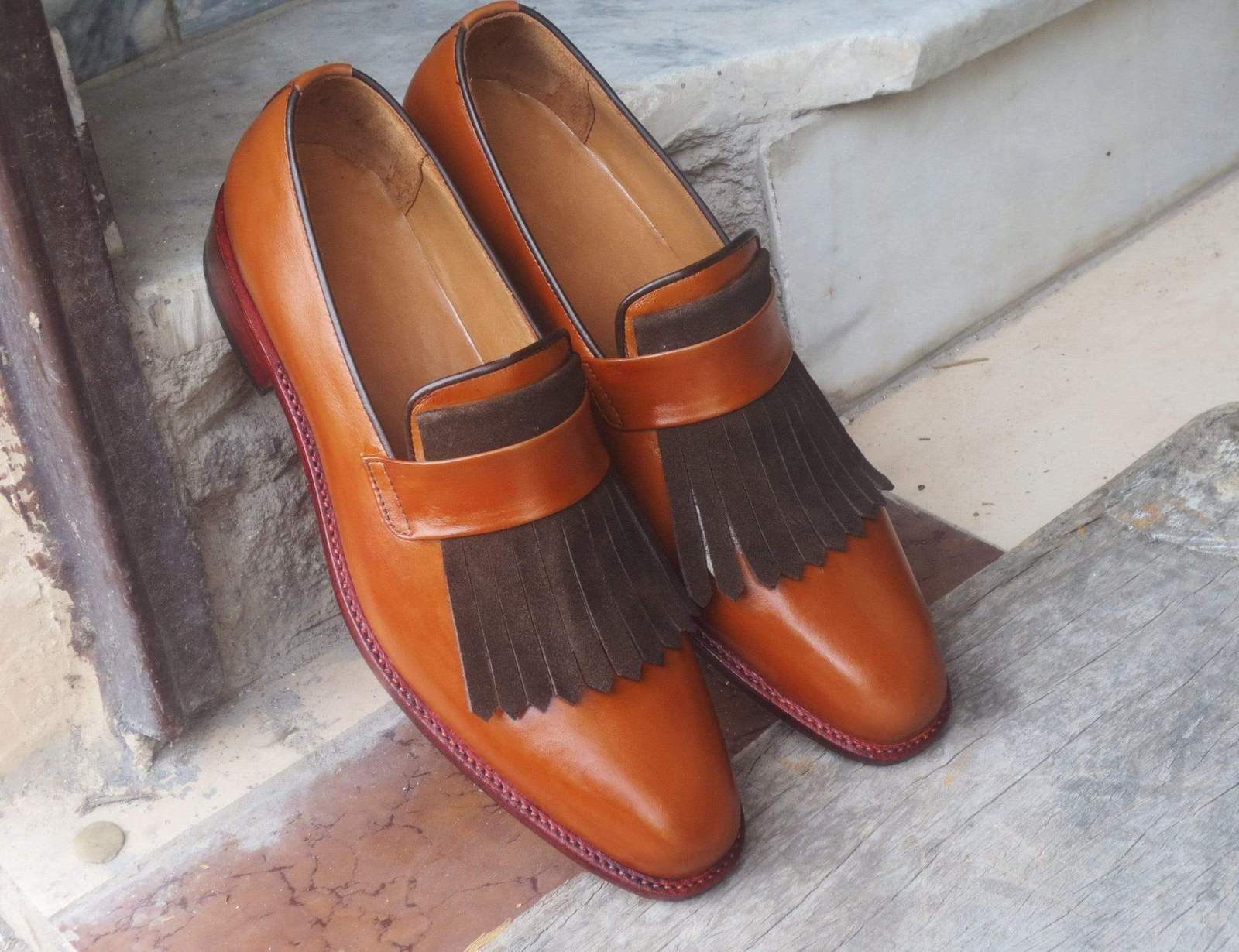 Handmade Men's Brown Leather Suede Fringes Loafer Shoes, Men Dress Formal Shoes