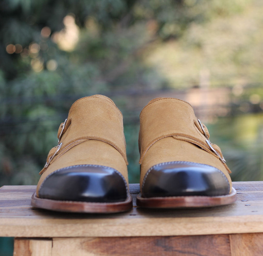 Handmade Men's Leather Suede Cap Toe Shoes,Men Black Tan Double Monk Strap Shoes