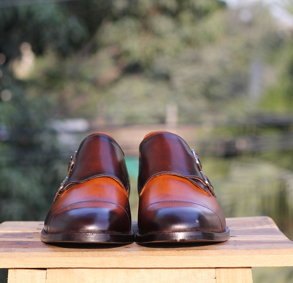 Handmade Men's Tan Brown Leather Double Monk Strap Shoes, Men Dress Formal Shoes