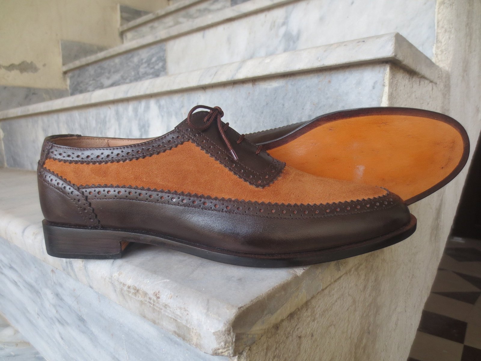 Handmade Men's Tan Brown Leather Suede Lace Up Shoes