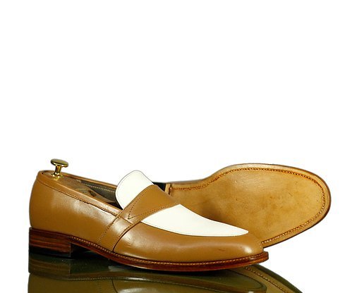 Handmade Men's Tan White Leather Penny Loafer Shoes, Men Dress Fashion Shoes