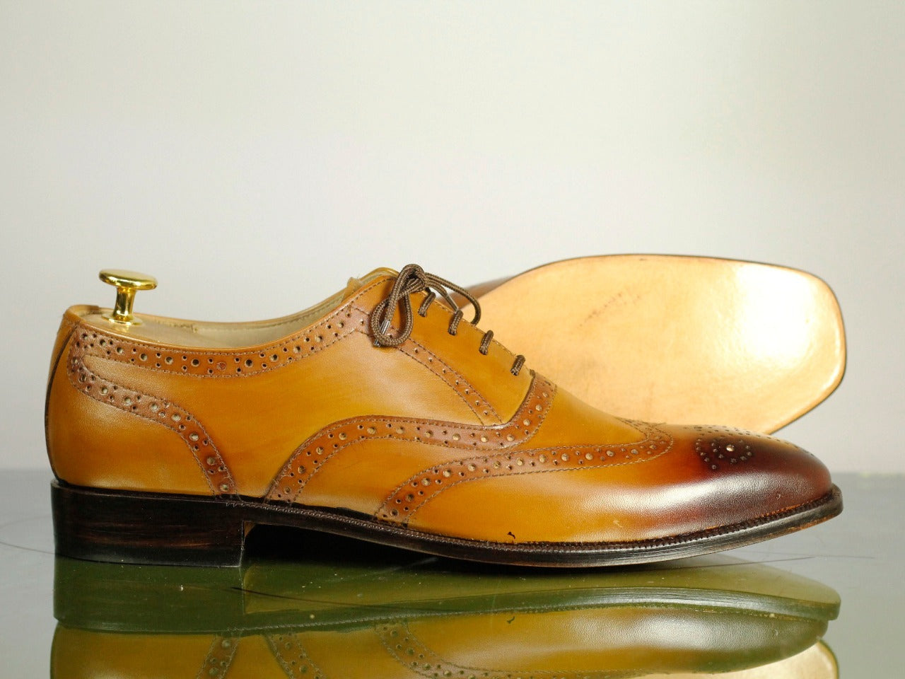 Handmade Men's Tan Wing Tip Brogue Leather Formal Shoes