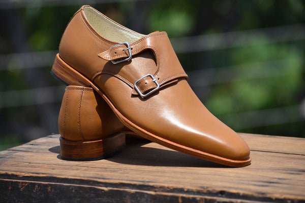 Handmade Monk Double Buckle Straps Tan Color Plain Pointed Toe Men Vintage Shoes