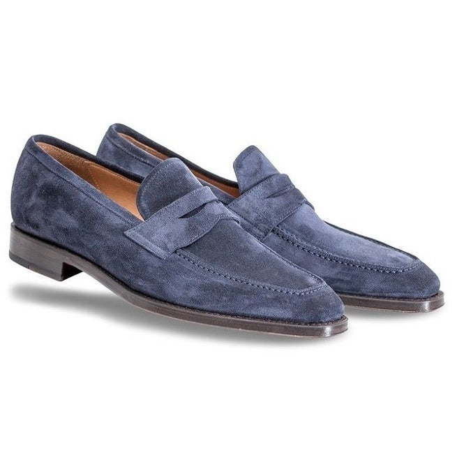 Handmade Navy Blue Shoes, Men's Suede Loafers Dress Formal Shoes, Moccasin