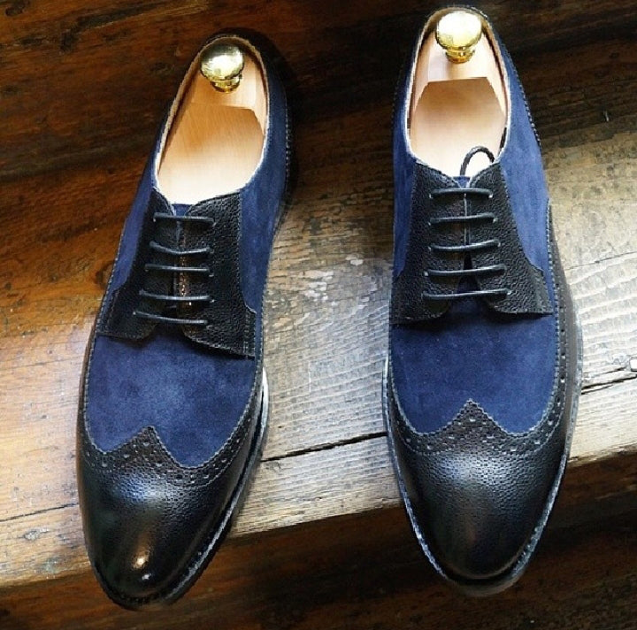 Men Two Tone Black Blue Suede Wing Tip Derby Genuine Leather Shoes