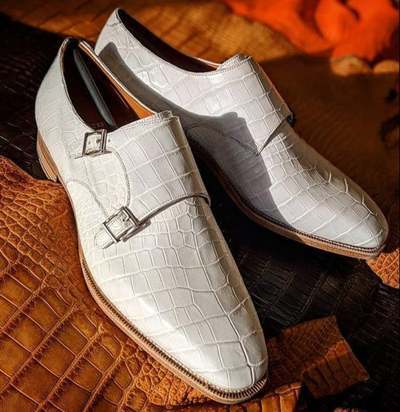 Pure Handmade White Crocodile Leather Monk Strap Stylish Shoes For Men's