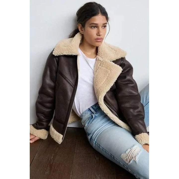 Chic Women's Vintage Brown Shearling Leather Aviator Bomber Jacket- RAF B3 Style