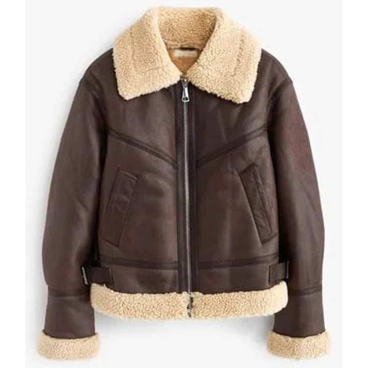 Chic Women's Vintage Brown Shearling Leather Aviator Bomber Jacket- RAF B3 Style
