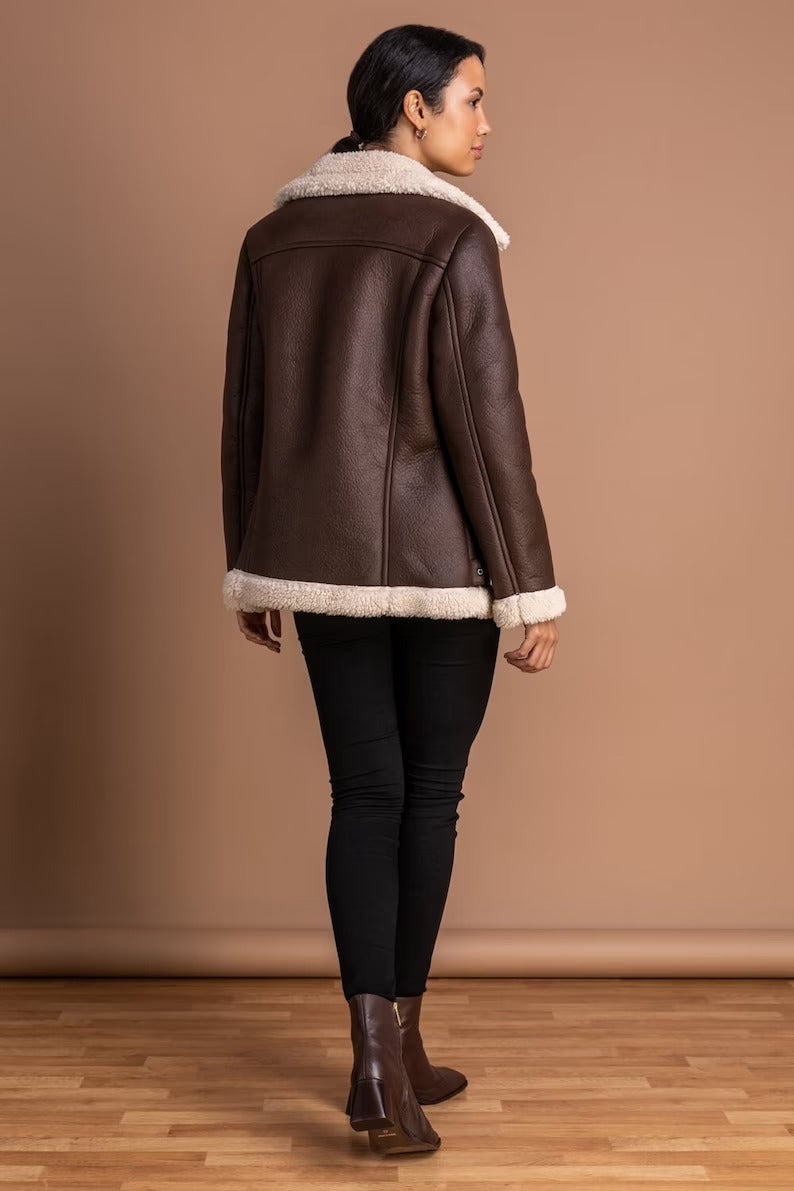 Classic Women's Brown B3 RAF Aviator Shearling Fur Bomber Jacket - Vintage Style