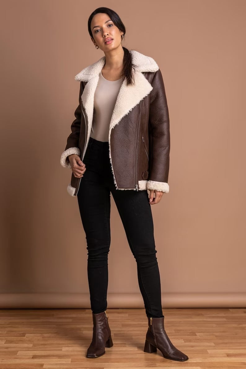 Classic Women's Brown B3 RAF Aviator Shearling Fur Bomber Jacket - Vintage Style