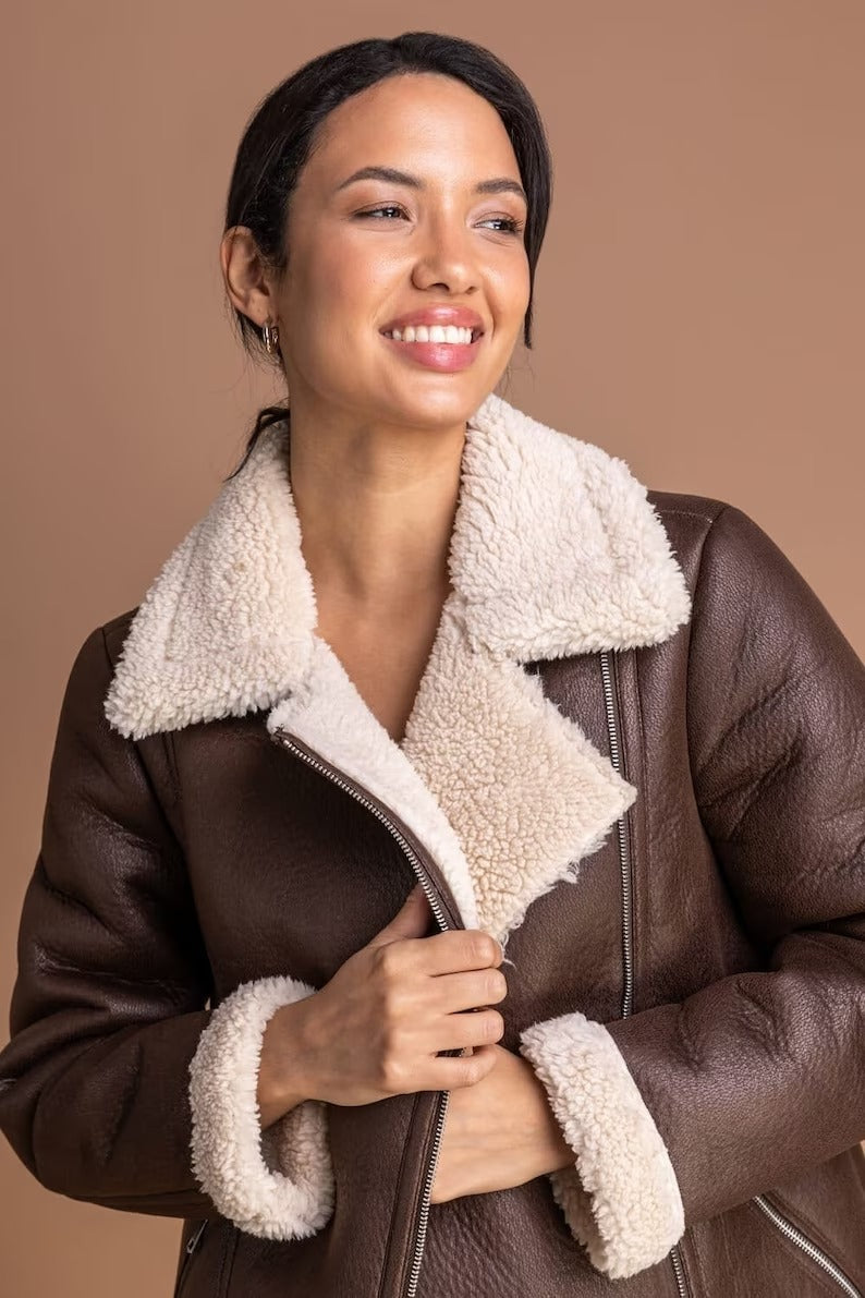 Classic Women's Brown B3 RAF Aviator Shearling Fur Bomber Jacket - Vintage Style
