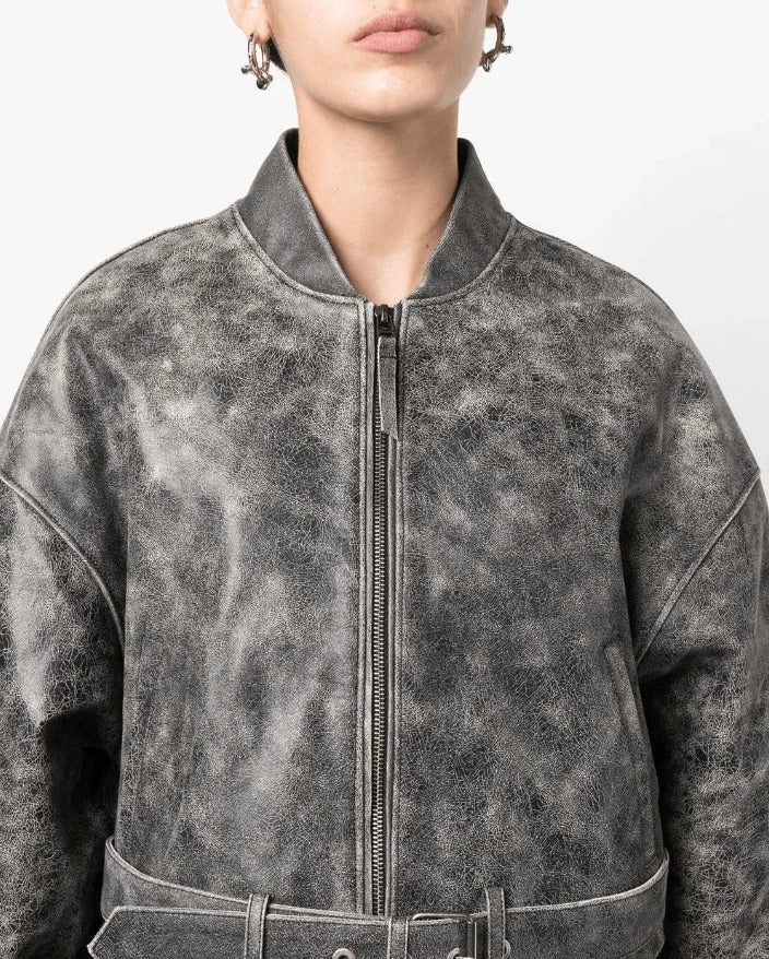 Gray Distressed Vintage Leather Jacket for Women