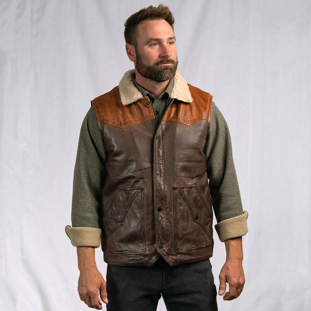 Mens Brown Shearling Fur Sheepskin Leather Vest