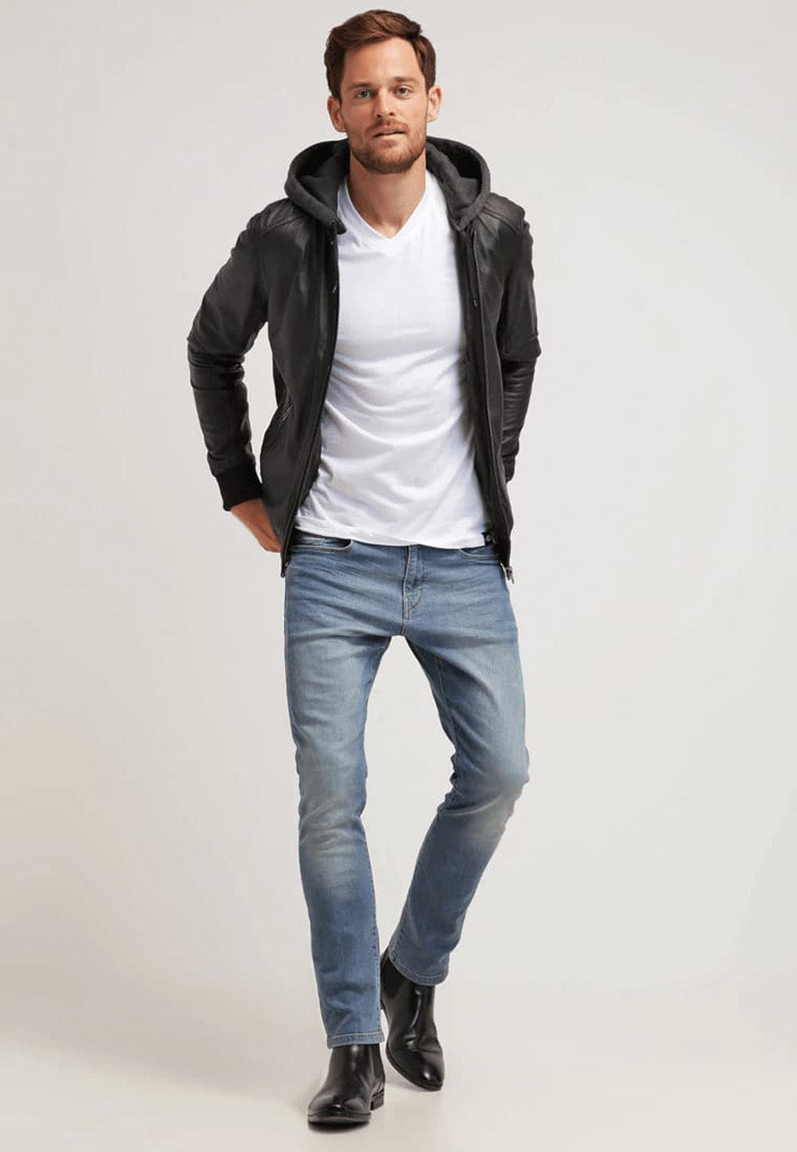 Stylish Men's Black Leather Hooded Bomber Jacket