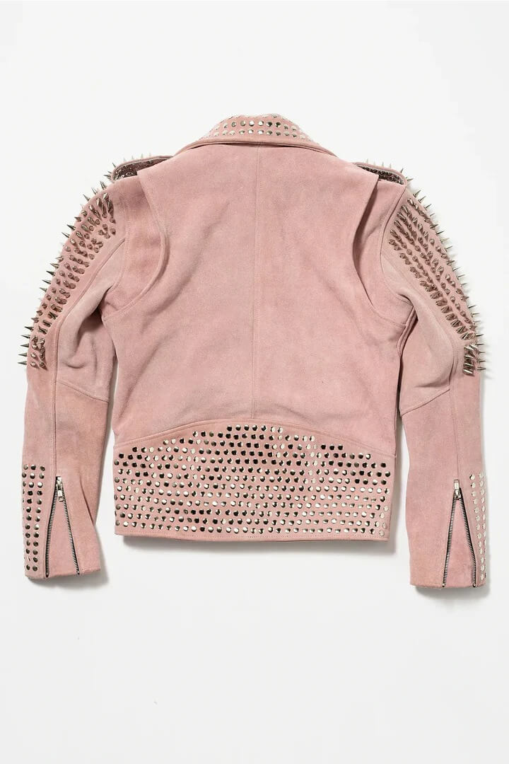 Women's Pink Silver Spiked Studded Motorcycle Leather Jacket