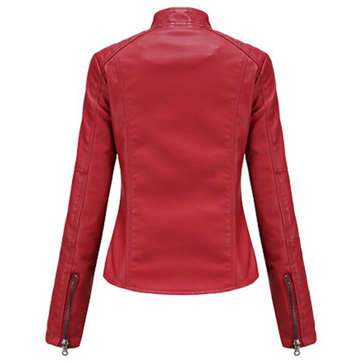 Women's Red Leather Moto Biker Zipper Jacket