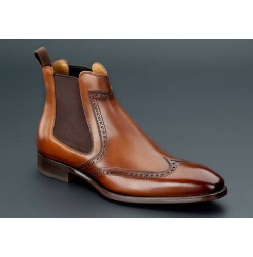 Handmade Men Brown Wing Tip Brogue Chelsea Boot, Men Brown Ankle Dress Boot