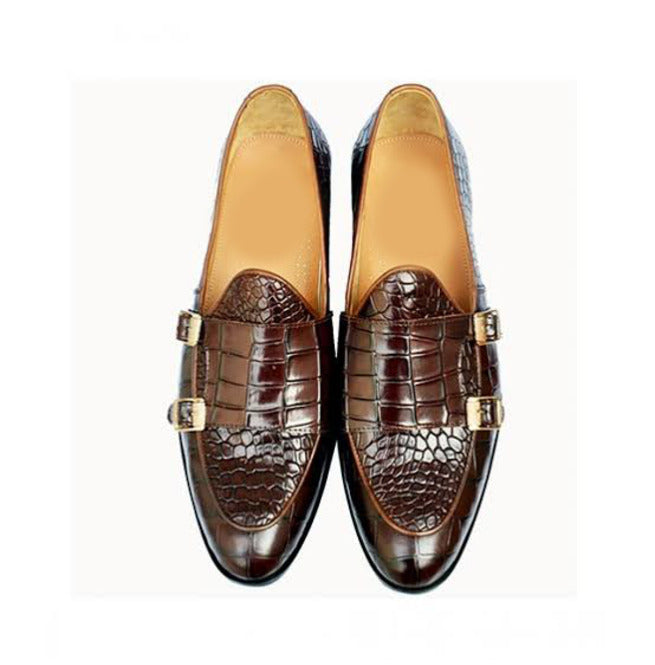 Handmade Men Brown Alligator Textured Leather Double Monk Shoes