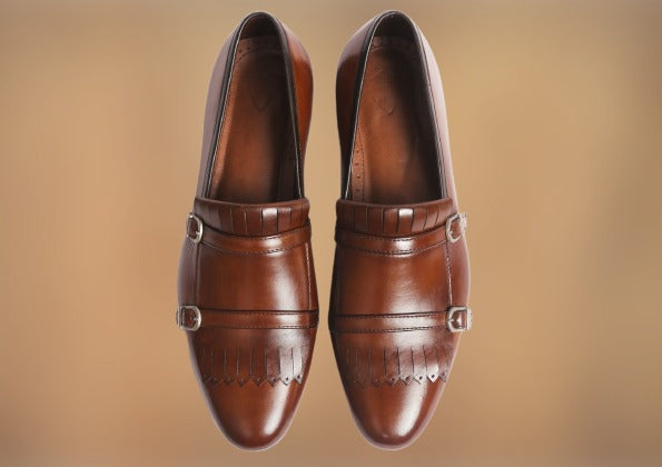 Handmade Men Brown Leather Monk Shoes with Short Fringes, Classic Men Shoes