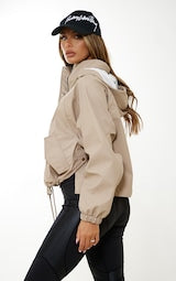 BEIGE RUBBERISED HOODED DRAWSTRING JACKET