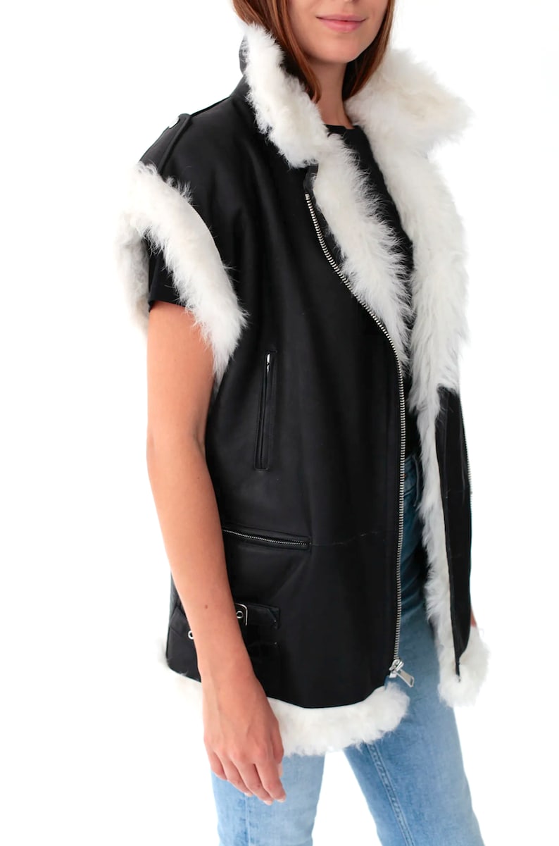 Black and White Shearling Vest with Leather Finish