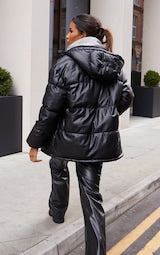 BLACK FAUX LEATHER OVERSIZED POCKET FRONT HOODED MIDI PUFFER JACLETS