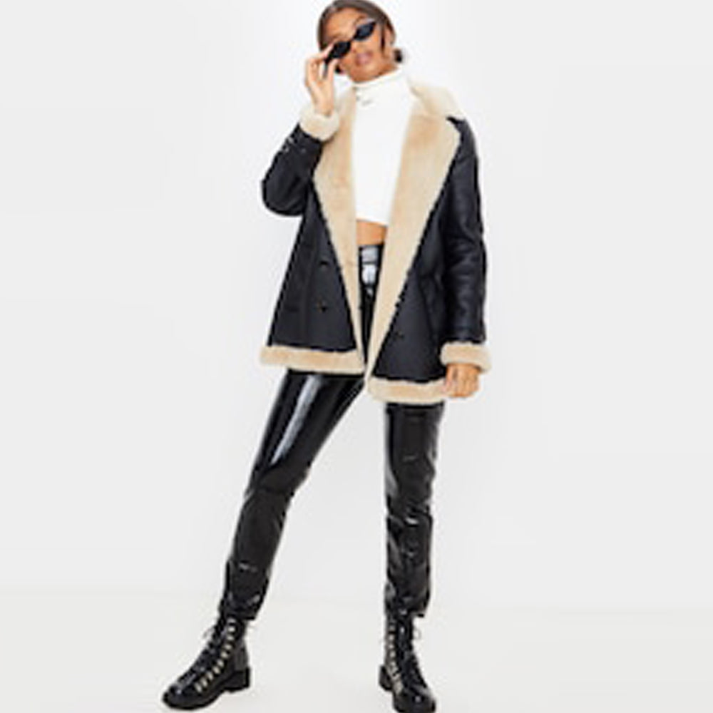 Black Handmade Real Genuine Leather Fur Trim Vintage Style Aviator Jacket