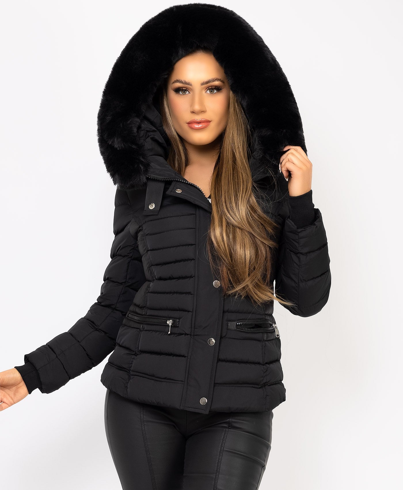 Black Padded Quilted Faux Fur Hooded Puffer Jacket