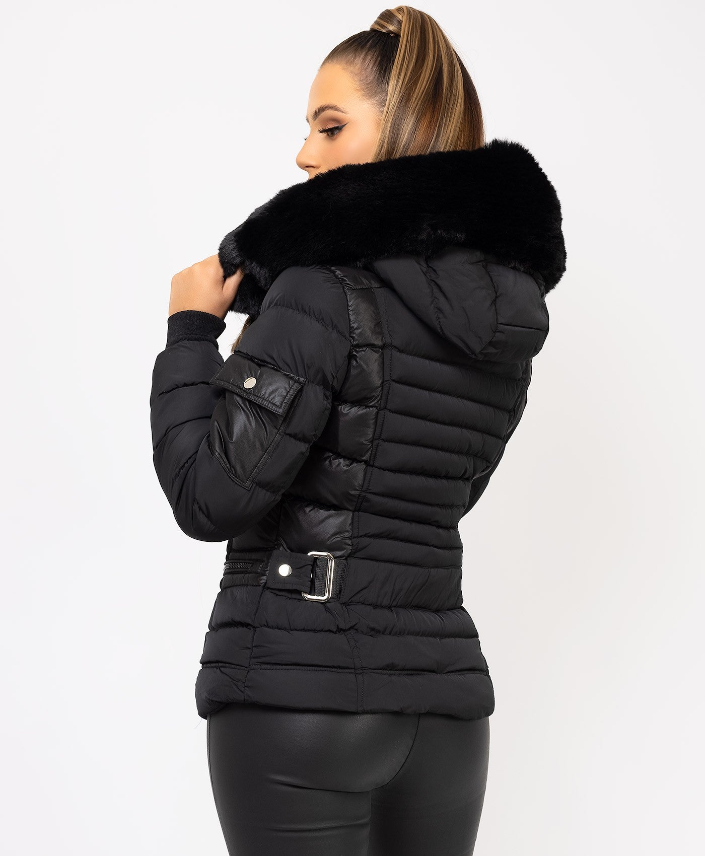 Black Padded Quilted Faux Fur Hooded Puffer Jacket
