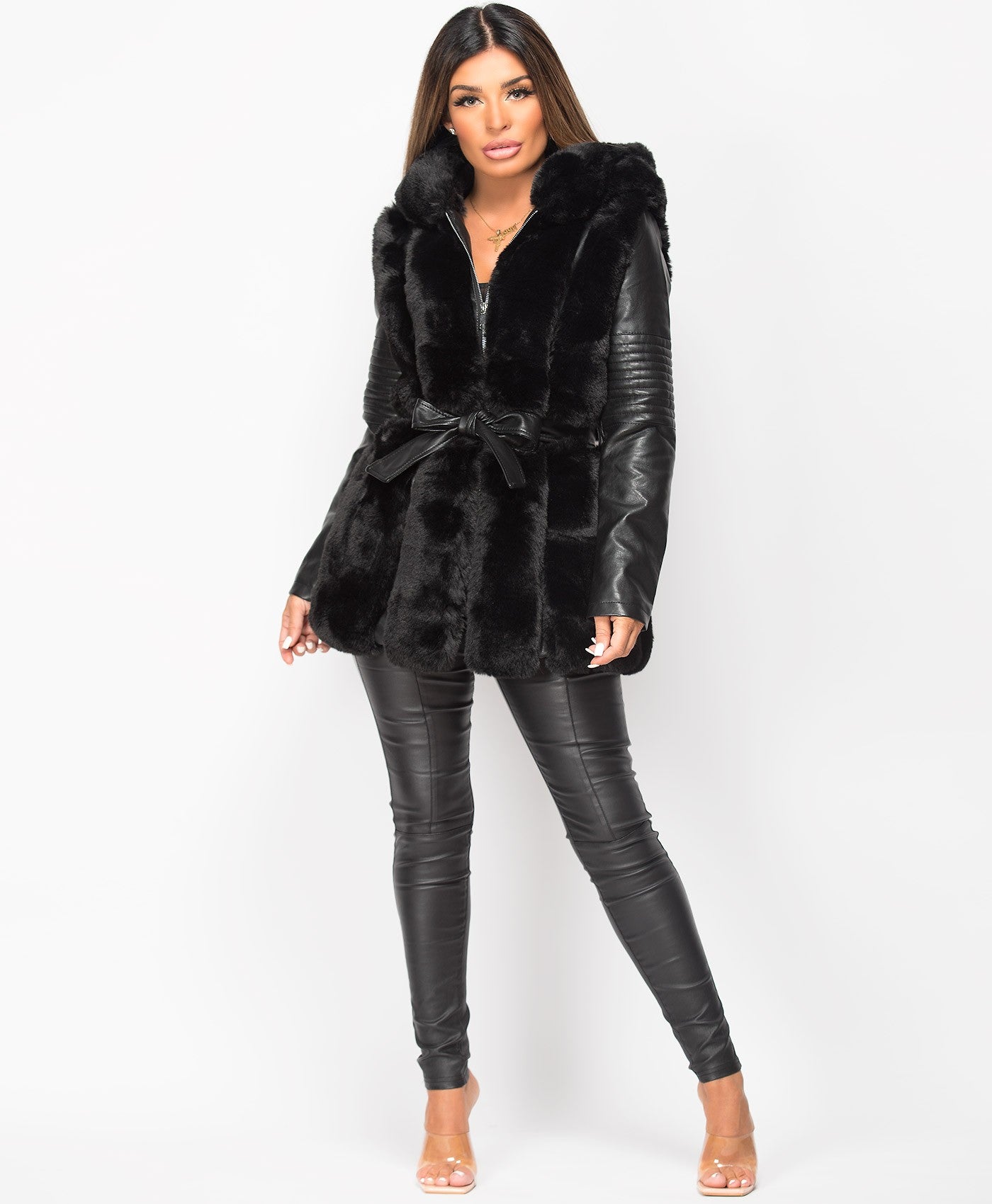 Black PU PVC Faux Leather Fur Trim Hooded Jacket
