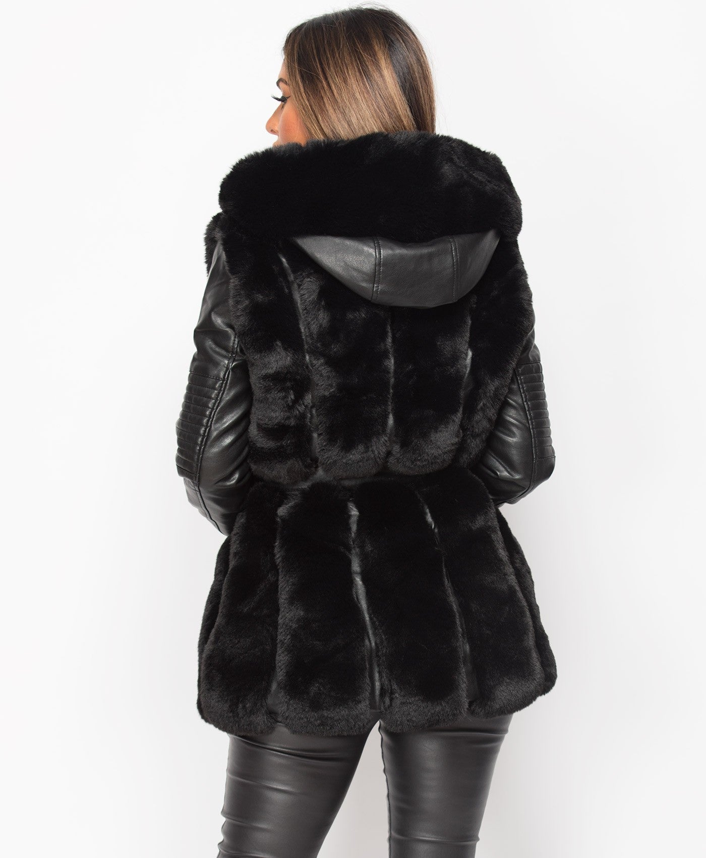 Black PU PVC Faux Leather Fur Trim Hooded Jacket