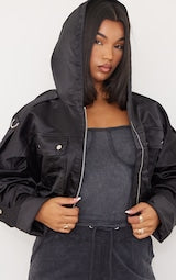 BLACK SATIN OVERSIZED HOODED UTILITY BOMBER JACKET