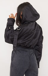 BLACK SATIN OVERSIZED HOODED UTILITY BOMBER JACKET