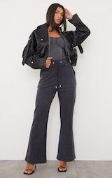 BLACK SATIN OVERSIZED HOODED UTILITY BOMBER JACKET