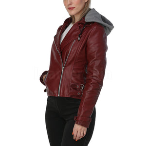 Burgundy Leather Jacket With Gray Hooded