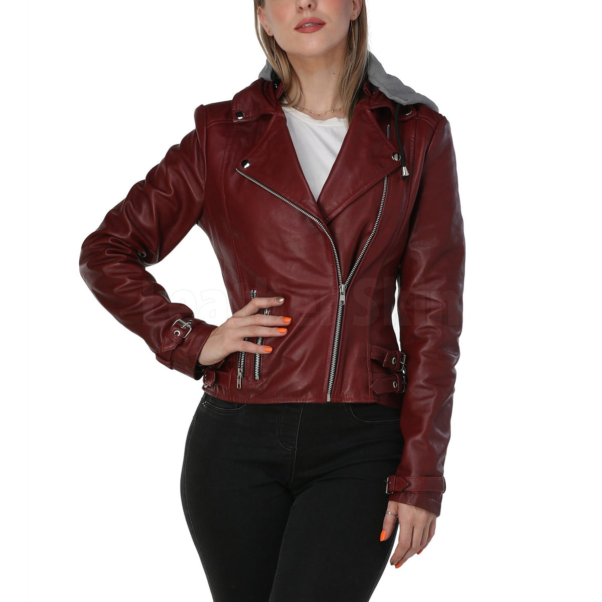 Burgundy Leather Jacket With Gray Hooded
