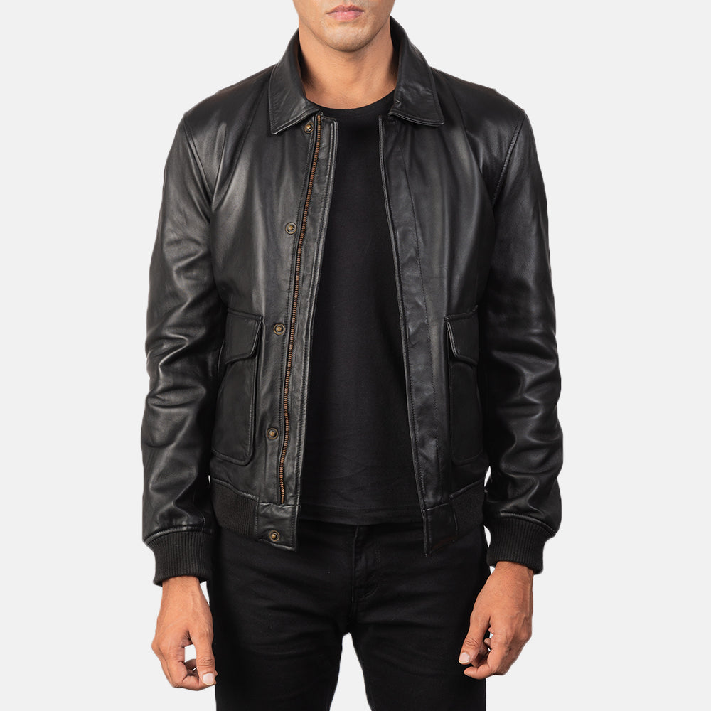Coffmen Black A2 Leather Bomber Jacket - Kualited
