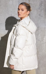 CREAM FAUX LEATHER OVERSIZED POCKET FRONT HOODED PUFFER JACLETS