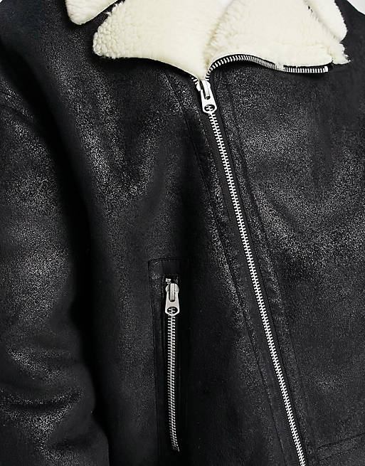 Faux shearling aviator jacket in black