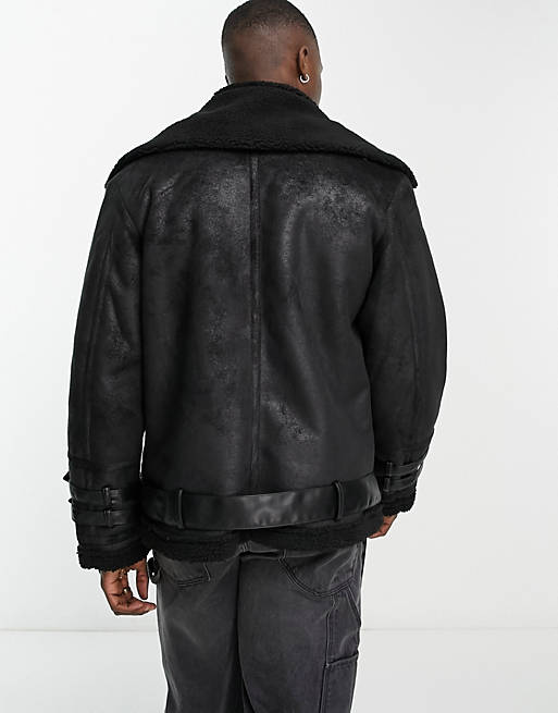 Faux shearling aviator jacket with buckle detail in black