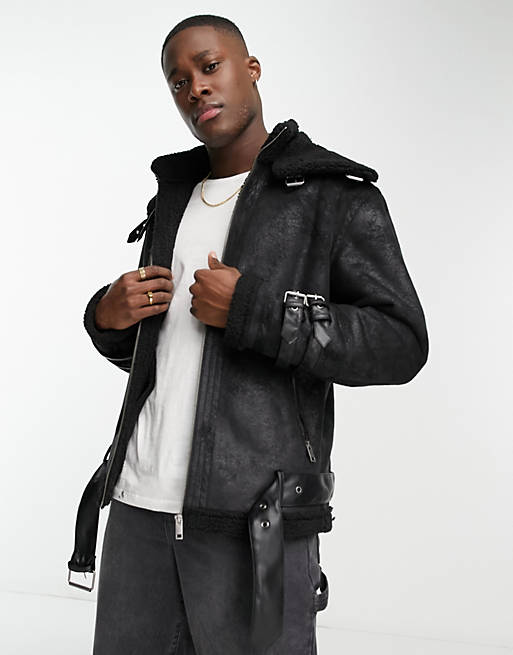 Faux shearling aviator jacket with buckle detail in black