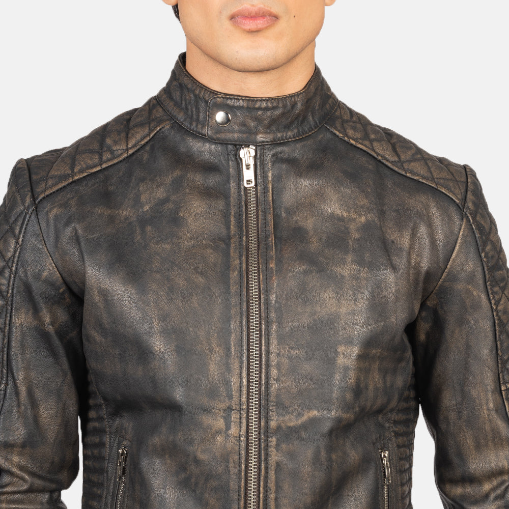 Fernando Quilted Distressed Brown Leather Biker Jacket - Kualited