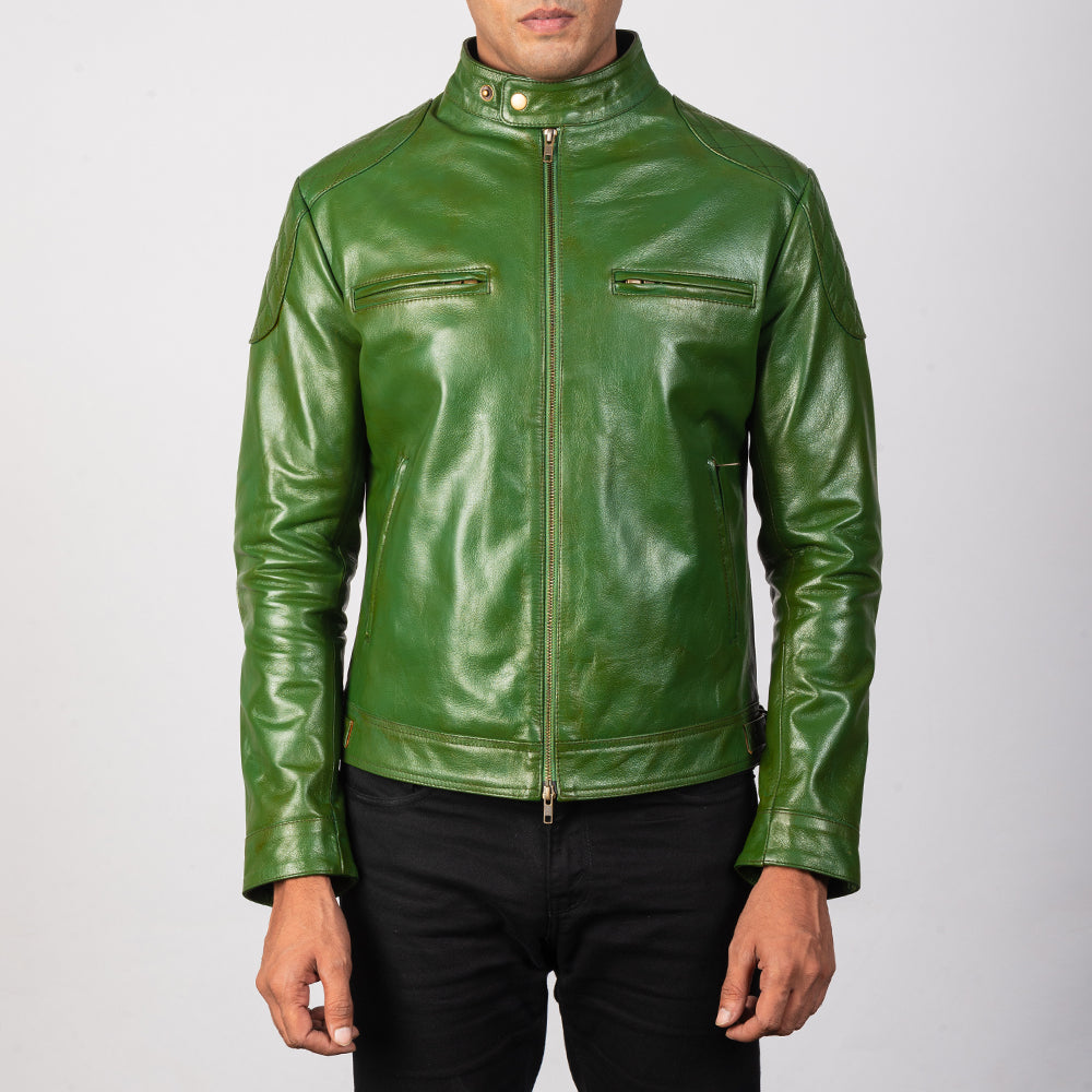 Gatsby Green Leather Biker Jacket - Kualited