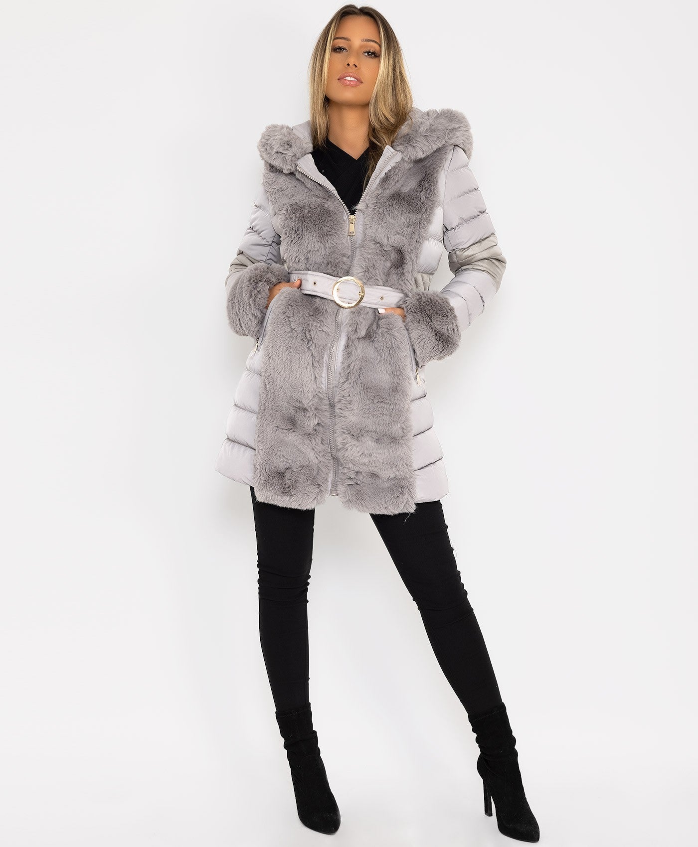 Grey Faux Fur Hooded Puffer Belted Jacket