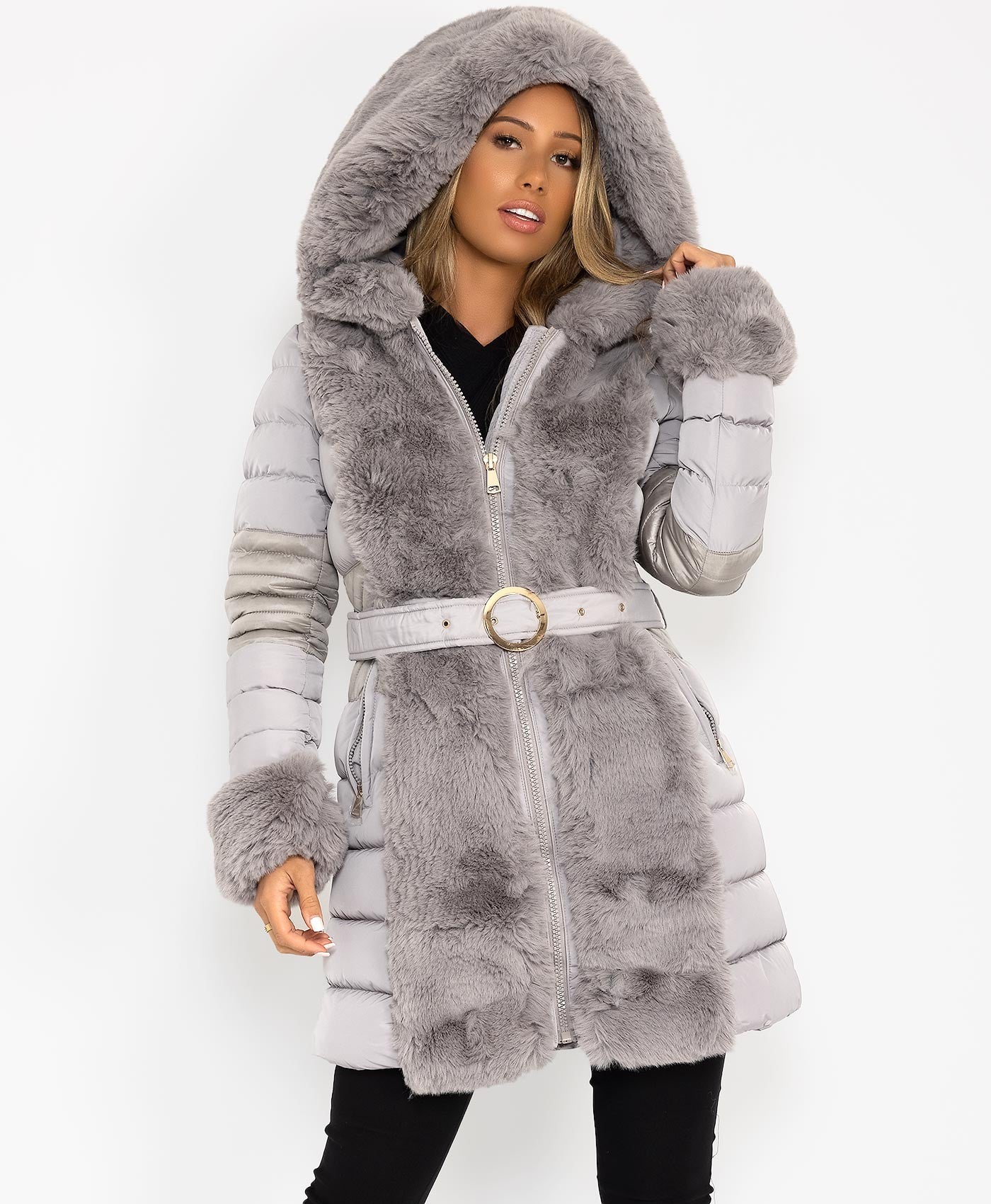 Grey Faux Fur Hooded Puffer Belted Jacket